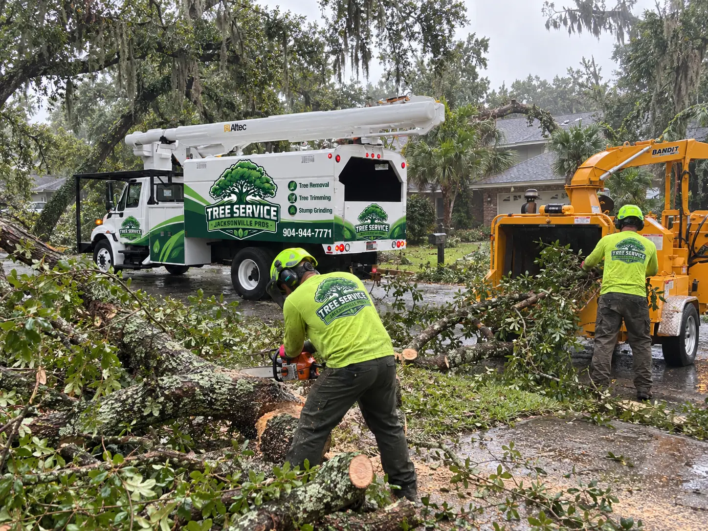 Crew cutting up a storm-fallen oak limb on a wet residential street after a thunderstorm