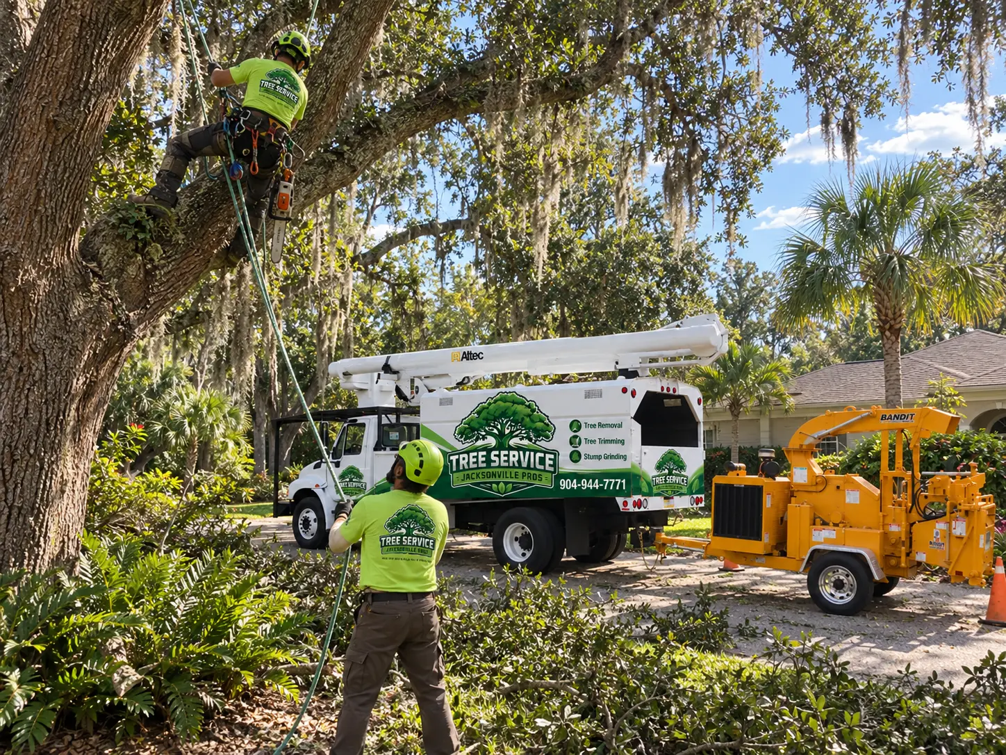 Arborist roped into a mature live oak with Spanish moss while a ground worker manages the line